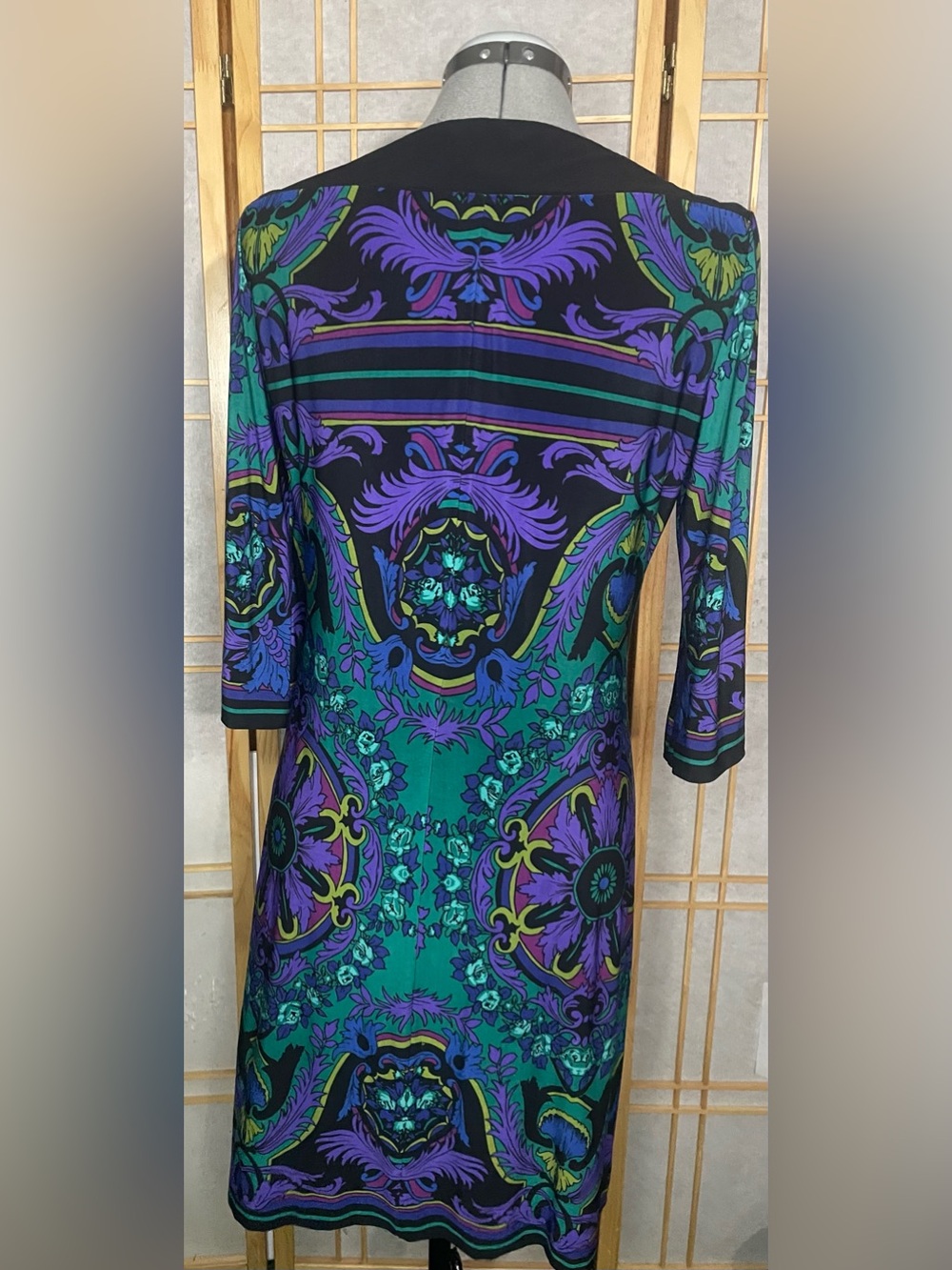 Donna Morgan Black, Green & Purple Printed Long Sleeve Sheath Dress - Picture 2 of 3